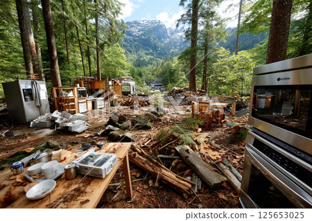 被非法丟棄在深山的家電,象徵環境問題 被非法丟棄在深山的家電,象徵環境問題 125653025