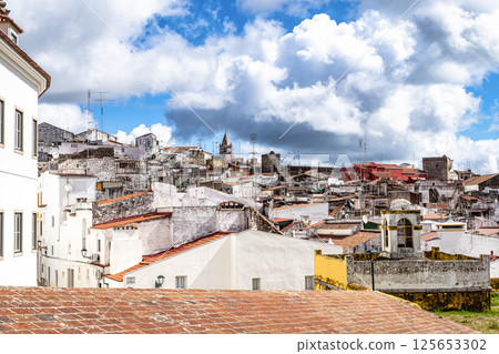 View over Elvas in Portugal with its typical Portuguese buildings and cobblestone streets 125653302