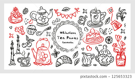 Whimsical Tea Party Collection hand drawn line art chalk and charcoal vector set with teapots, pastries, sweets, mugs and cozy vintage elements. Perfect for planner design, prints, and stickers Whimsical Tea Party Collection hand drawn line art chalk and charcoal vector set with teapots, pastries, sweets, mugs and cozy vintage elements. Perfect for planner design, prints, and stickers 125653323
