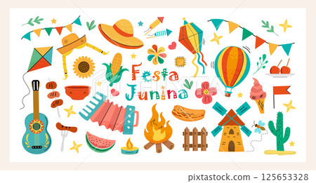 Festa Junina clipart set. Colorful hand drawn vector illustrations accordion, bonfire, corn, guitar, food, flags, balloon, fireworks and festival decor. Perfect for summer, parties, kids and posters. Festa Junina clipart set. Colorful hand drawn vector illustrations accordion, bonfire, corn, guitar, food, flags, balloon, fireworks and festival decor. Perfect for summer, parties, kids and posters. 125653328