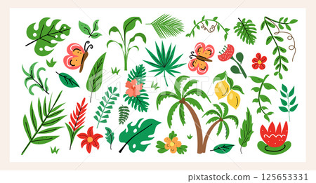 Tropical plant set hand draw flat style with jungle leaves, colorful flowers, butterflies, fruits. Perfect for summer designs, patterns, stickers and exotic decor. Vector illustration. Tropical plant set hand draw flat style with jungle leaves, colorful flowers, butterflies, fruits. Perfect for summer designs, patterns, stickers and exotic decor. Vector illustration. 125653331
