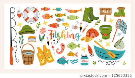 Colorful flat-style vector fishing set with rods, fish, hooks, baits, boots, boat, and accessories. Hand-drawn summer clipart for kids, posters, cards, and prints. Colorful flat-style vector fishing set with rods, fish, hooks, baits, boots, boat, and accessories. Hand-drawn summer clipart for kids, posters, cards, and prints. 125653332