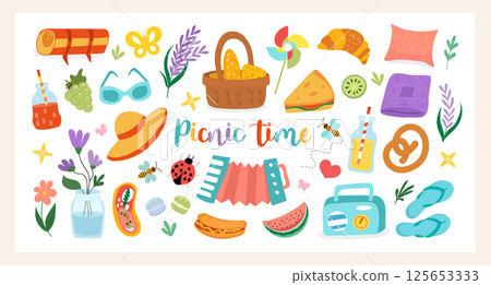 Picnic time vector set. Hand drawn flat illustrations with picnic basket, summer food, drinks, flowers, wind spinner, radio, blanket, hat, sunglasses. Perfect for summer and vacation designs Picnic time vector set. Hand drawn flat illustrations with picnic basket, summer food, drinks, flowers, wind spinner, radio, blanket, hat, sunglasses. Perfect for summer and vacation designs 125653333