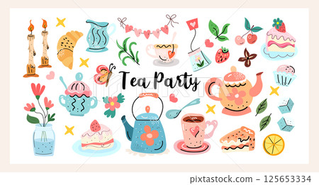 Hand drawn tea party collection with cute teapots, cups, cakes, and cozy details. Perfect for stickers, prints, postcards, and summer party designs. Vector illustration Hand drawn tea party collection with cute teapots, cups, cakes, and cozy details. Perfect for stickers, prints, postcards, and summer party designs. Vector illustration 125653334