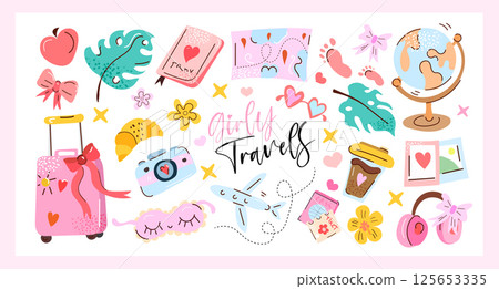 Girly Travels is a hand drawn vector set with cute travel items such as suitcase, passport, camera, coffee, globe, ticket. Perfect for planners, stickers, prints, and summer designs. 125653335