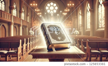 教堂燈光閃耀的打開的聖經 125653381