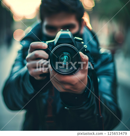 Masked paparazzi photographer holding digital camera to take pictures close up Masked paparazzi photographer holding digital camera to take pictures close up 125653479