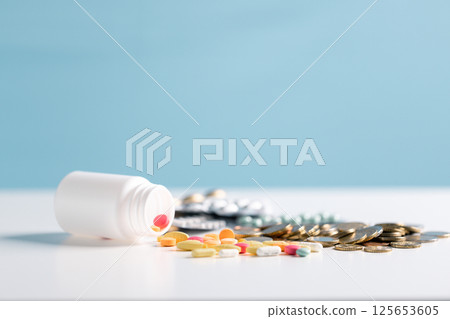 Background of health business, concept of medical finance encompasses managing money for medicine and pills, alongside securing insurance to ensure comprehensive health care. medicine, money, business Background of health business, concept of medical finance encompasses managing money for medicine and pills, alongside securing insurance to ensure comprehensive health care. medicine, money, business 125653605