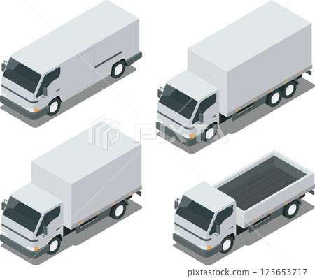 Isometric trucks, van, box truck, pickup truck Isometric trucks, van, box truck, pickup truck 125653717