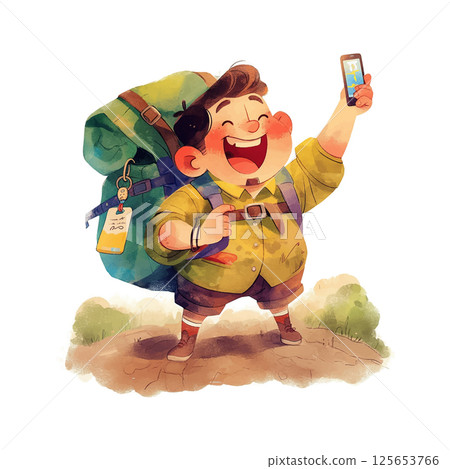 Happy child with backpack holding smartphone and map while exploring outdoors on a sunny day 125653766