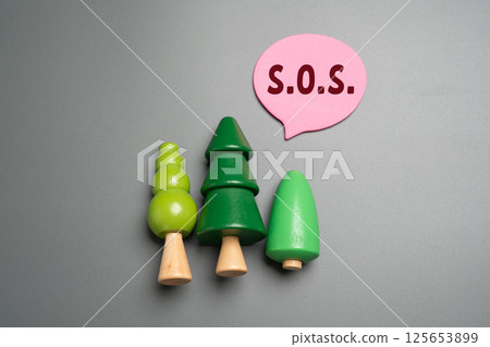 Forest figures and SOS call. Highlighting urgent environmental concerns, deforestation, and a cry for ecological preservation and action. Request for help to preserve the conservation area. Forest figures and SOS call. Highlighting urgent environmental concerns, deforestation, and a cry for ecological preservation and action. Request for help to preserve the conservation area. 125653899