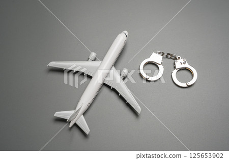 Airplane and handcuffs. Concept of arrest of air fleet. Criminal investigation of managing flight companies and aircraft manufacturers. Corruption, or mismanagement 125653902
