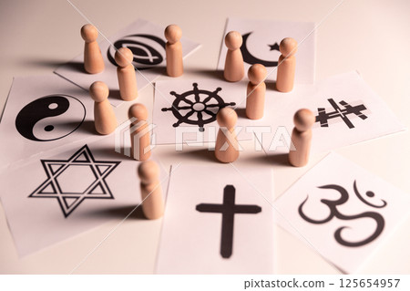 Concept of interfaith dialogue promotes understanding and spirituality by bringing together symbols, beliefs from diverse religions Hinduism, Islam, Judaism, Buddhism, faith and religious harmony. Concept of interfaith dialogue promotes understanding and spirituality by bringing together symbols, beliefs from diverse religions Hinduism, Islam, Judaism, Buddhism, faith and religious harmony. 125654957