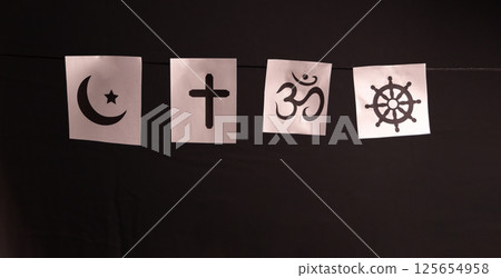 Concept of interfaith dialogue promotes understanding and spirituality by bringing together symbols, beliefs from diverse religions Hinduism, Islam, Judaism, Buddhism, faith and religious harmony. Concept of interfaith dialogue promotes understanding and spirituality by bringing together symbols, beliefs from diverse religions Hinduism, Islam, Judaism, Buddhism, faith and religious harmony. 125654958