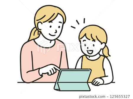 父母和孩子使用平板電腦學習的插圖 125655327