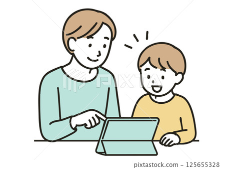 父親和兒子一起使用平板電腦學習的插圖 125655328