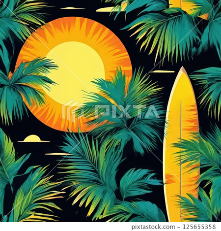 an AI Image Generator, Tropical Leaves and Bright Oranges Seamlessly 125655358