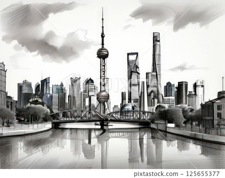 an AI Image Generator, Shanghai Skyline Featuring Iconic Landmarks and Contemporary Buildings 125655377