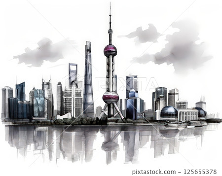 an AI Image Generator, Shanghai Skyline Featuring Iconic Landmarks and Contemporary Buildings 125655378