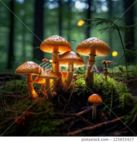 the AI Image Generator, Illuminated Mushrooms in a Lush Forest Capturing a Magical 125655427