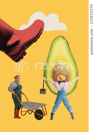 Surreal illustration of giant, sliced avocado and two tiny farmers with farming tools against vibrant yellow background. 125655574