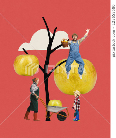 Happy harvest scene with golden apples growing on giant tree and happy farmers taking care after fruits on red background. 125655580
