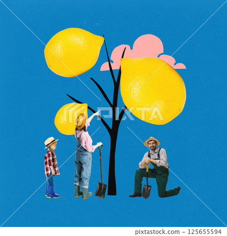 Child and adults work together on garden, growing and picking giant lemons from tree against blue background Child and adults work together on garden, growing and picking giant lemons from tree against blue background 125655594