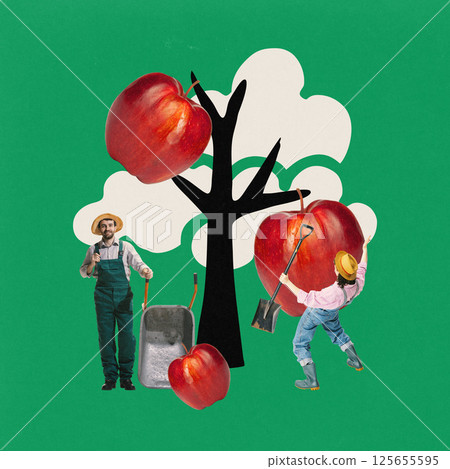 Tiny farmers interacting with giant apple tree against green background. Growing fruits. Contemporary art collage. 125655595