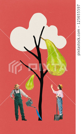 Farmers, man and woman in hat and overalls watering giant pear tree against red background. Contemporary art collage. Farmers, man and woman in hat and overalls watering giant pear tree against red background. Contemporary art collage. 125655597