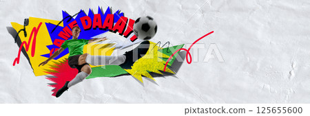 Banner image with man in dynamic motion, soccer player with ball, training, playing against abstract background with typography. Banner image with man in dynamic motion, soccer player with ball, training, playing against abstract background with typography. 125655600