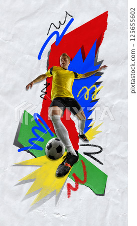Front low angle view of concentrated young male soccer player in motion with ball, playing over colorful abstract background. Front low angle view of concentrated young male soccer player in motion with ball, playing over colorful abstract background. 125655602