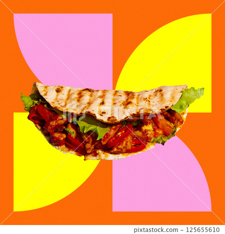 Grilled flatbread wrap filled with meat lettuce, tomato, chili placed over geometric pink yellow orange background Grilled flatbread wrap filled with meat lettuce, tomato, chili placed over geometric pink yellow orange background 125655610