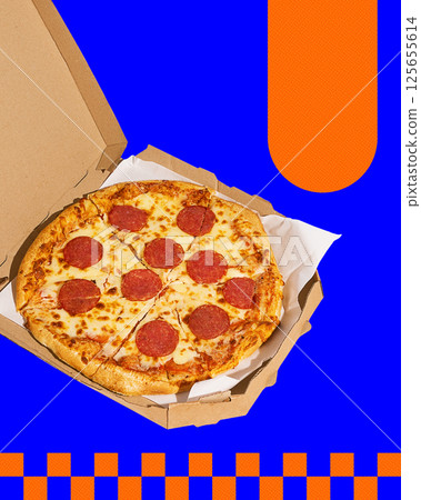 Pepperoni pizza in open cardboard box on bold graphic blue background with orange checkered accents. Pepperoni pizza in open cardboard box on bold graphic blue background with orange checkered accents. 125655614