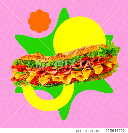 Long sandwich with lettuce, cheese, meat arranged over surreal pink, green, yellow background. 125655632