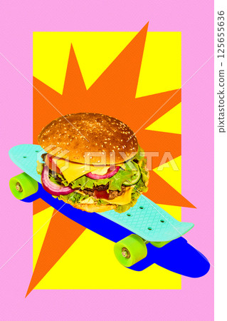 Big burger with cheese, lettuce, tomato placed on skateboard against pink, yellow, orange background. Big burger with cheese, lettuce, tomato placed on skateboard against pink, yellow, orange background. 125655636