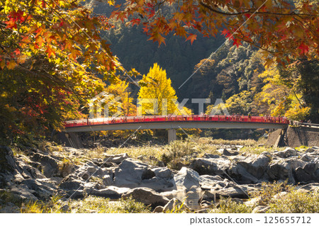 Taigetsu bridge across Tomoe river at Korankei gorge during autumn season Taigetsu bridge across Tomoe river at Korankei gorge during autumn season 125655712