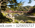 Koran bridge across Tomoe river at Korankei gorge during autumn season 125655717