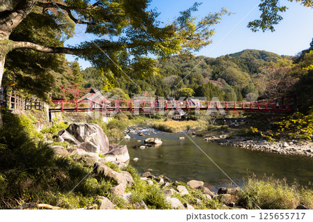 Koran bridge across Tomoe river at Korankei gorge during autumn season 125655717