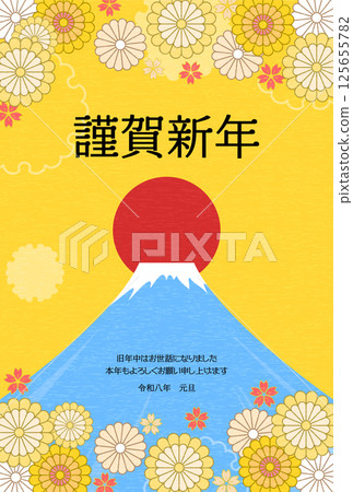 2026 年日式新年賀卡,富士山,初升的日出和鮮花 2026 年日式新年賀卡,富士山,初升的日出和鮮花 125655782