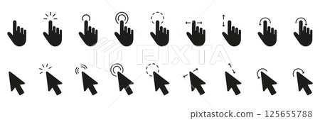 Hand Gesture And Cursor Click Solid Icon Set. Finger Tap And Mouse Pointer Silhouette Symbol Collection. Isolated Vector Illustration 125655788