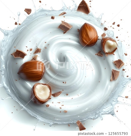 a luxurious swirl of creamy milk with whole and halved hazelnuts, complemented by chocolate shards, creating a rich and indulgent visual. a luxurious swirl of creamy milk with whole and halved hazelnuts, complemented by chocolate shards, creating a rich and indulgent visual. 125655793