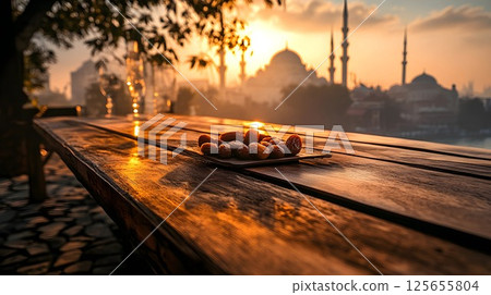A plate of dates sits on a wooden table at sunset, with a mosque in the background, symbolizing Ramadan, iftar, and spiritual reflection in a warm, serene setting. 125655804