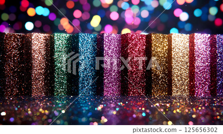 A rectangular cube decorated with colorful metallic glitter arranged horizontally 125656302