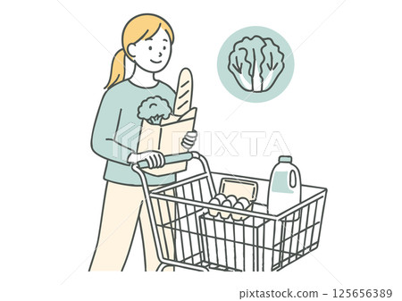 一位女士推著購物車的插圖（購買食物，白色背景） 125656389