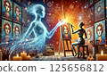 A humanoid robot paints a portrait of a woman in a dimly lit room, guided by a digital ethereal figure. The scene blends technology and creativity, showcasing the intersection of artificial 125656812