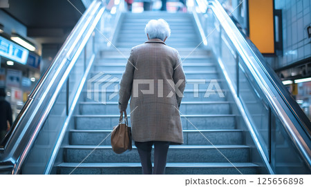 一位老年婦女在車站爬樓梯的背影 一位老年婦女在車站爬樓梯的背影 125656898
