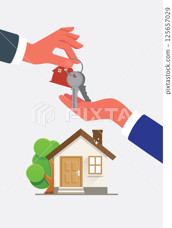 Buying a new home. A real estate agent gives a home keychain to a buyer in a stock illustration. 125657029