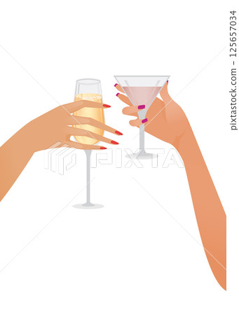 Female hands with drink glass together. Cheers or drinking toast. vector illustration. stock illustration Female hands with drink glass together. Cheers or drinking toast. vector illustration. stock illustration 125657034