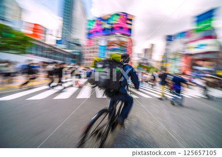 日本東京城市景觀。瘋狂危險駕駛的騎車人。有幾個人停下來大聲辱罵……曲折前進……直衝腦門…… 日本東京城市景觀。瘋狂危險駕駛的騎車人。有幾個人停下來大聲辱罵……曲折前進……直衝腦門…… 125657105