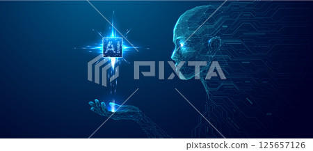 Cyborg holds AI chip on a hand. Blue technology science background 125657126